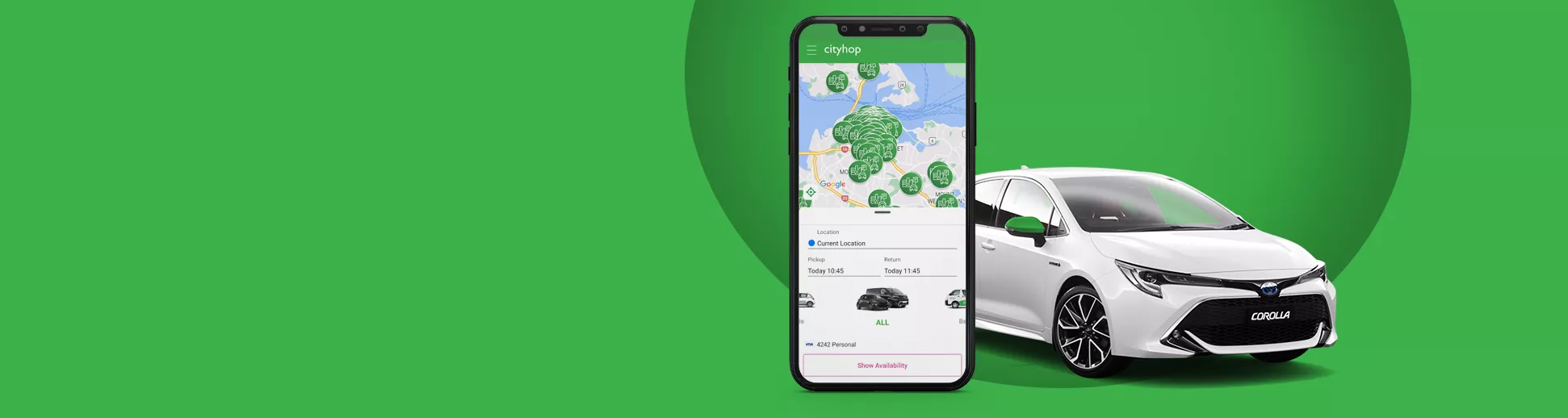 Cityhop Hero Image showing app and car