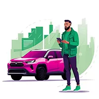Graphic showing a man standing beside a car using a mobile app